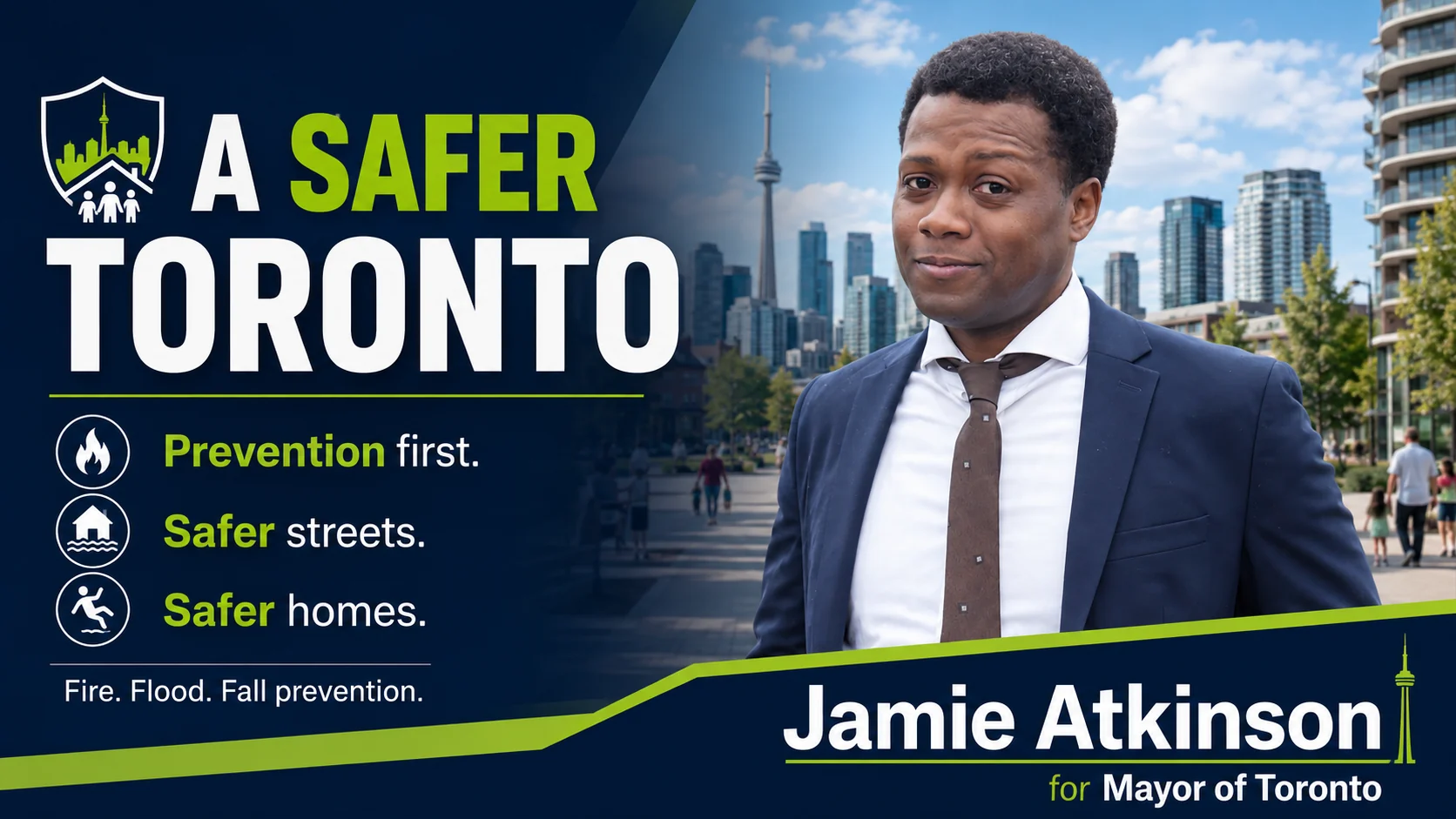 Campaign artwork for a safer Toronto through prevention-first fire, flood and fall protection